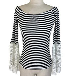 DONATING! LAST CHANCE! Black white lace bell sleeve top on/off shoulder small